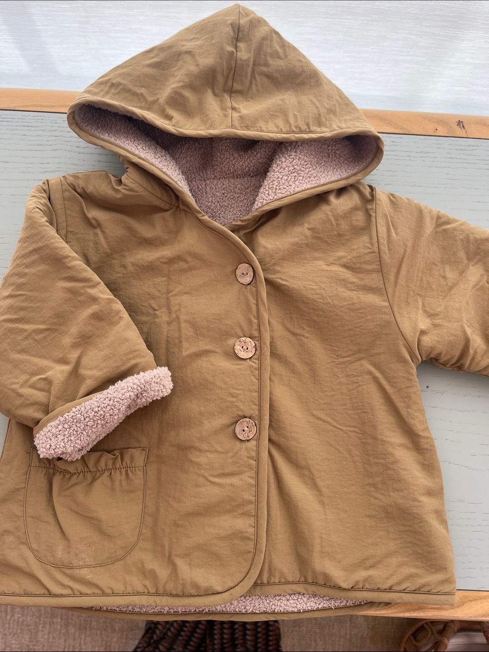 Kids Hooded Puffer Jacket with Sherpa Lining - Tan Ocre